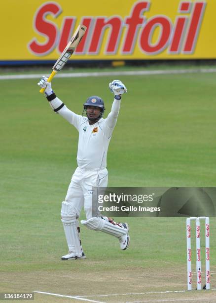 Kumar Sangakkara of Sri Lanka celebrates his 100 runs during day 3 of the 2nd Sunfoil Test match between South Africa and Sri Lanka at Sahara Park...