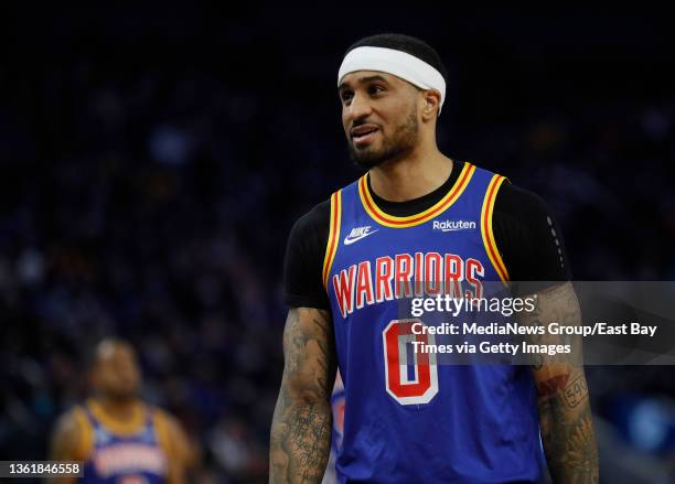 Golden State Warriors' Gary Payton II is seen on the court against the Denver Nuggets in the second quarter of their NBA game at the Chase Center in...