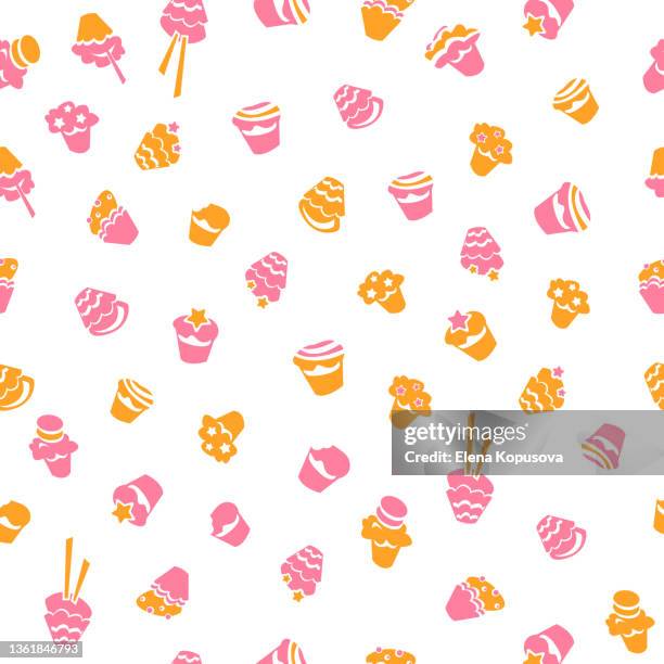 confectionery seamless pattern. multicolored flat cupcakes on an isolated white background. beautiful decorative dough desserts in a cartoon style. graphic vector illustration in eps 10 format. - chocolate chip muffin stock illustrations