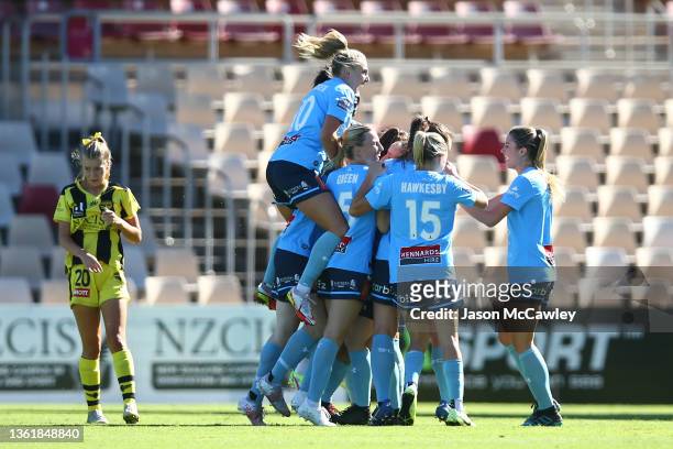 Rachel Lowe of Sydney FC celebrates with teammates after scoring a goal during the round five W-League match between Wellington Phoenix and Sydney FC...