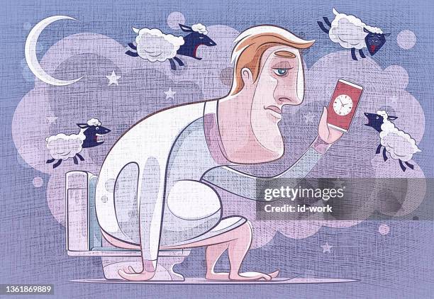 sleepless man sitting on toilet and looking at smartphone - sleep sheep stock illustrations