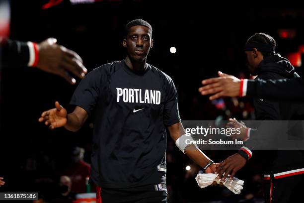 Tony Snell of the Portland Trail Blazers is introduced as part of the starting lineup before the game against the Utah Jazz at Moda Center on...