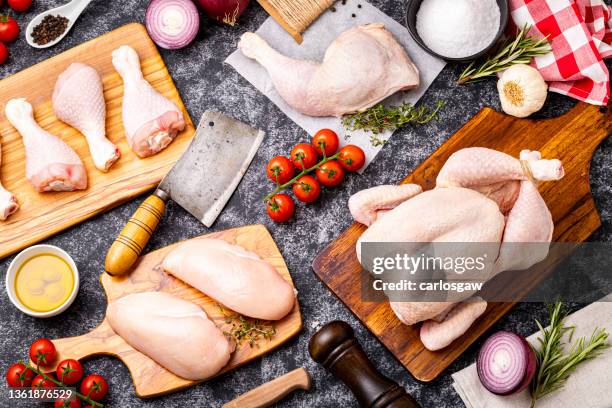 fond alimentaire: poulet cru entier avec des morceaux de poulet - uncooked chicken photos et images de collection