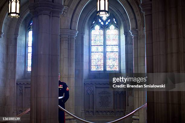 Marine stands near the tomb of President Woodrow Wilson before a wreath laying at the National Cathedral December 28, 2011 in Washington, DC. A...