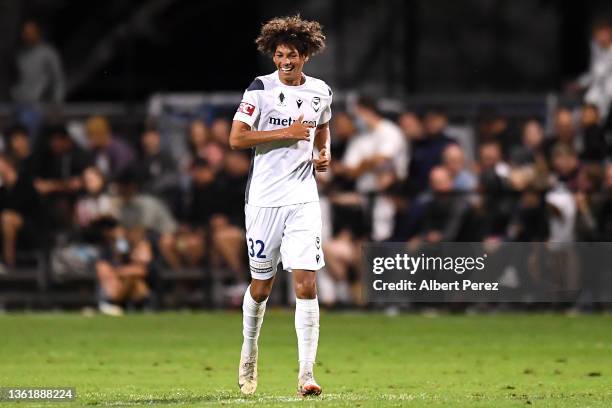 William Wilson of the Victory celebrates scoring his team's second goal during the FFA Cup round of 16 match between the Gold Coast Knights and the...