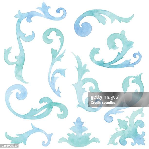 ilustraciones, imágenes clip art, dibujos animados e iconos de stock de acuarela adornos decorativos azules - filigree