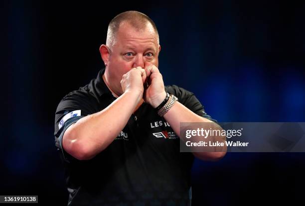 Mervyn King of England reacts to the win during his Fourth Round Match against Raymond Smith of Australia during Day Thirteen of The William Hill...