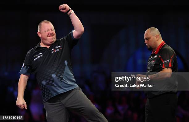 Mervyn King of England reacts to the win during his Fourth Round Match against Raymond Smith of Australia during Day Thirteen of The William Hill...