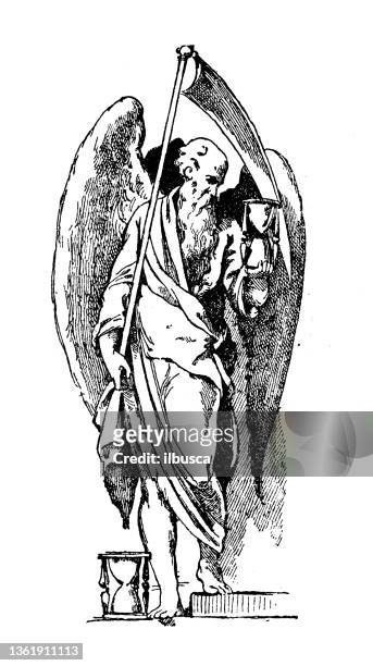 antique illustration: angel with hourglass - grim reaper stock illustrations
