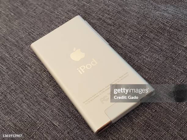 Close-up of an Apple iPod Nano 7th generation music player, produced ca 2012, on a light gray surface in Lafayette, California, December 25, 2021....