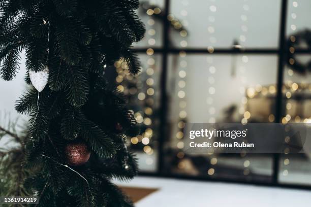 xmas tree against glass partition reflecting lights and wreath. - kegelvrucht stockfoto's en -beelden