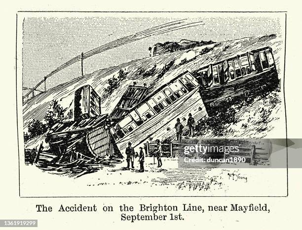 train derailment, accident on brighton line, near mayfield, september 1st 1897, victorian railway - palo alto california stock illustrations