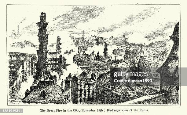 the great cripplegate fire of 1897, victorian london, 1890s, 19th century - burning city stock illustrations