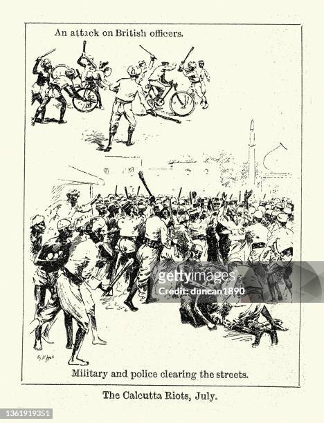 the 1897 religious riots of calcutta, india, victorian 1890s, 19th century - police india stock illustrations