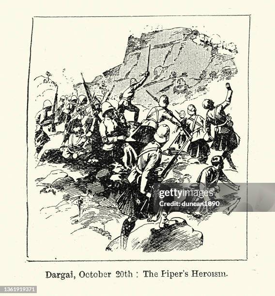 schottische highlander-soldaten in der schlacht bei dargai, 1897, piper findlater gewinnt seinen vc, victorian - century award stock-grafiken, -clipart, -cartoons und -symbole