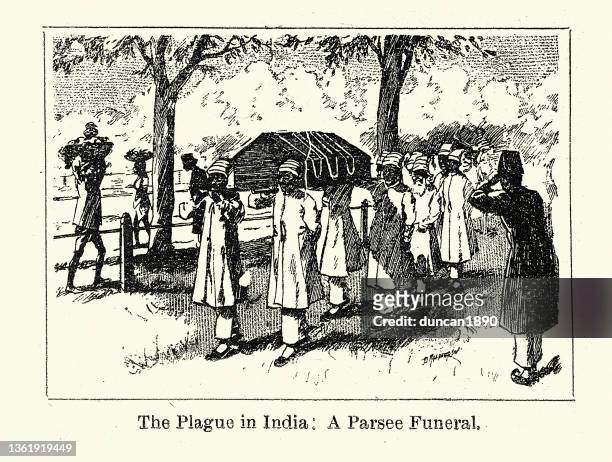 parsee-beerdigung für ein opfer der pest in indien 1897, viktorianische 1890er jahre, 19. jahrhundert - beulenpest stock-grafiken, -clipart, -cartoons und -symbole