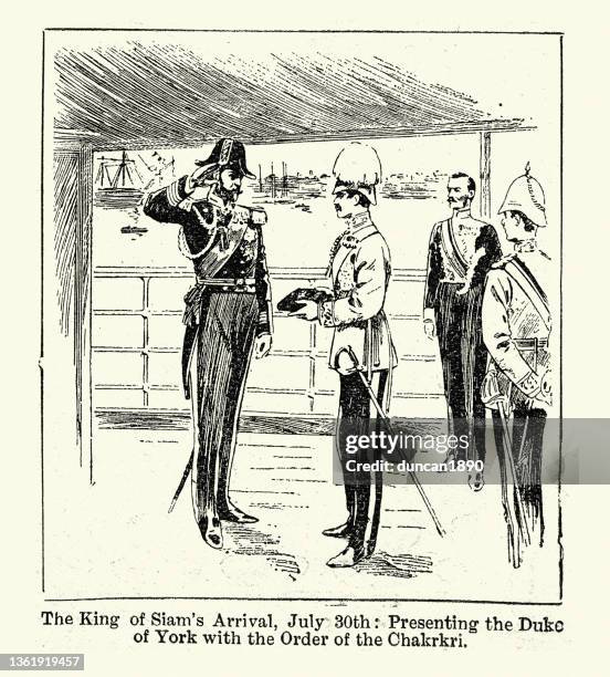 stockillustraties, clipart, cartoons en iconen met king of siam's state visit to britain, presenting duke of york with order of the chakrkri, 1897 - thai ethnicity