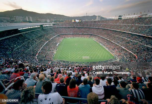 General view of the match from the top tier of the stand amongst the fans during the 1999 UEFA Champions League Final between Manchester United and...