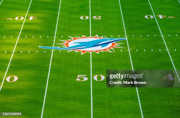 General view of the Miami Dolphins logo on the field prior to the game between the Miami Dolphins and the New York Giants at Hard Rock Stadium on...