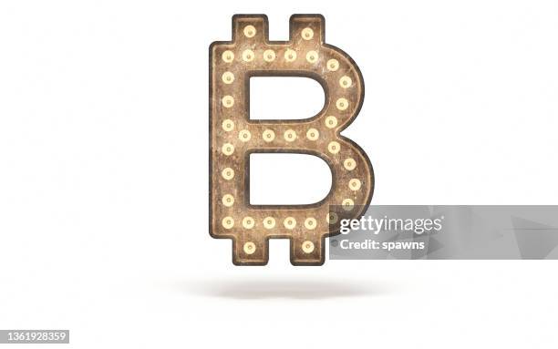 bitcoin sign decorated with light bulb covered with concrete - entertainment tent bildbanksfoton och bilder