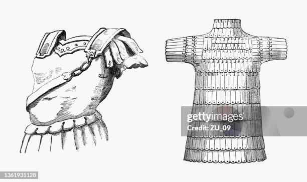 leather armor and plate armour, wood engravings, published in 1862 - plate armor stock illustrations