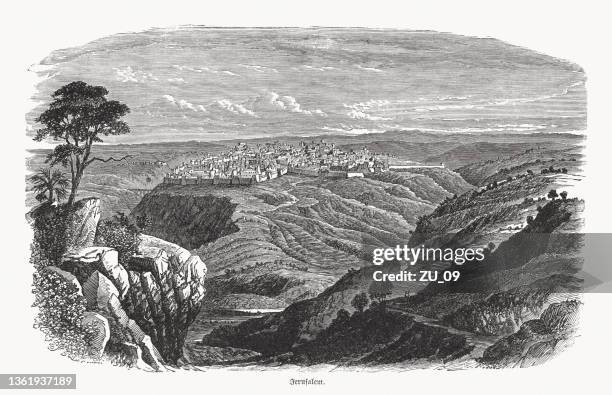 stockillustraties, clipart, cartoons en iconen met historical view of jerusalem, israel, wood engraving, published in 1862 - jeruzalem