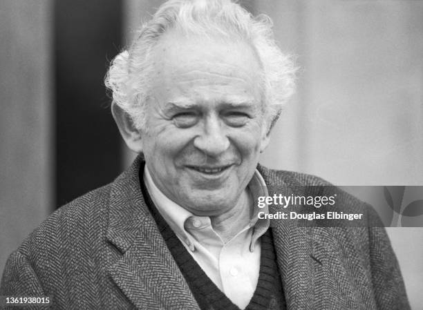 View of Pulitzer Prize winning American author Norman Mailer during an event on the campus of Michigan State University, East Lansing, Michigan,...