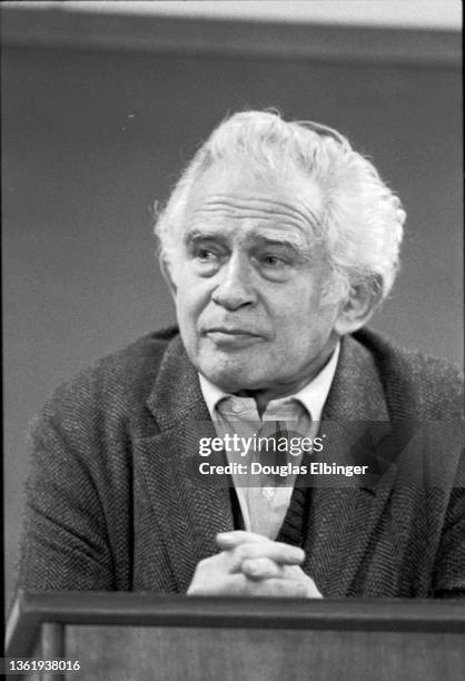 View of Pulitzer Prize winning American author Norman Mailer during an event on the campus of Michigan State University, East Lansing, Michigan,...