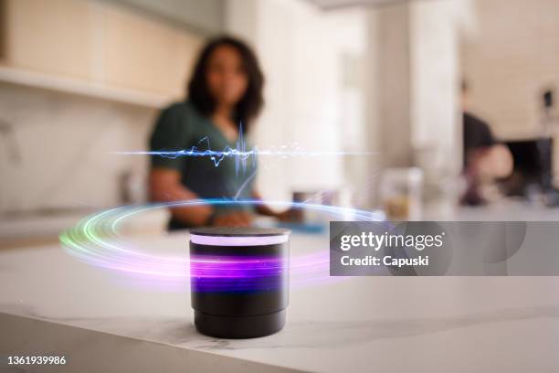 conceptual view of a smart speaker - internet of things stock pictures, royalty-free photos & images