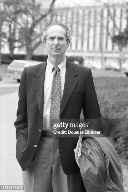 Portrait of American novelist Phillip Roth on the campus of Michigan State University, East Lansing, Michigan, April 8, 1993.