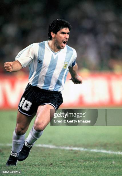 Argentina captain Diego Maradona celebrates during the penalty shoot out victory over Italy in the 1990 FIFA World Cup Semi Final match at Stadio San...