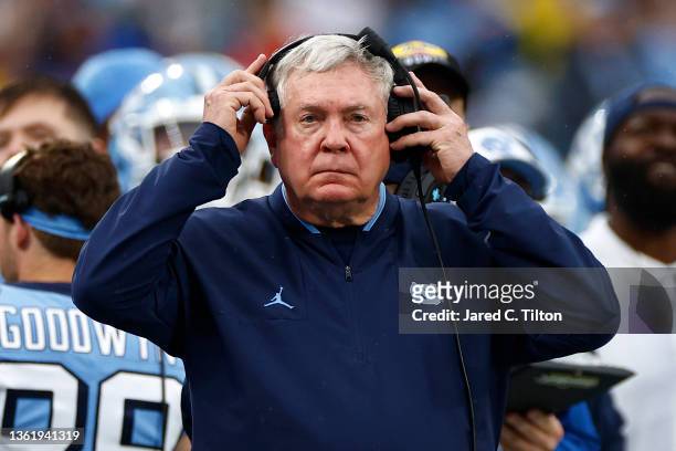 Head coach Mack Brown of the North Carolina Tar Heels looks on during the first half of the Duke's Mayo Bowl against the South Carolina Gamecocks at...