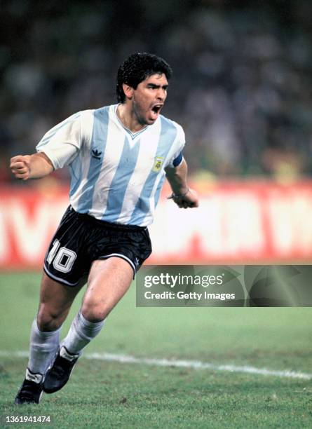 Argentina captain Diego Maradona celebrates during the penalty shoot out victory over Italy in the 1990 FIFA World Cup Semi Final match at Stadio San...