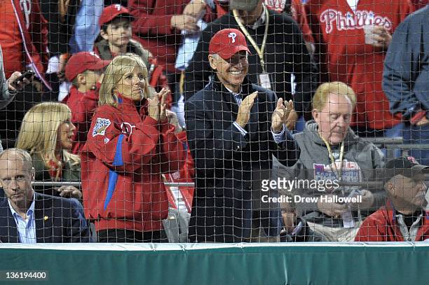 Vice President Joe Biden and his wife Jill watch the Philadelphia Phillies host the St. Louis Cardinals during Game Five of the National League...