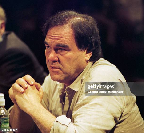 View of American film director Oliver Stone speaks at Michigan State University, East Lansing, Michigan, March 10, 1992.