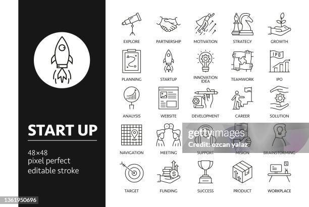 start up vector drawing icons on 48px grid with 1px stroke width. infographics, mobile and web etc. - creative resume stock illustrations