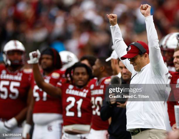 Head coach Shane Beamer of the South Carolina Gamecocks reacts as time runs off the clock in the fourth quarter of the Duke's Mayo Bowl against the...