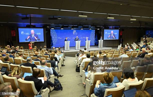 View of joint press conference held by European Council President Charles Michel, European Commission President Ursula Von Der Leyen and Swedish...