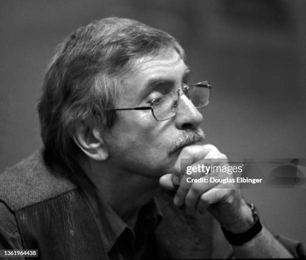 View of Pulitzer Prize winning American playwright Edward Albee during an event in the Michigan State University auditorium, East Lansing, Michigan,...