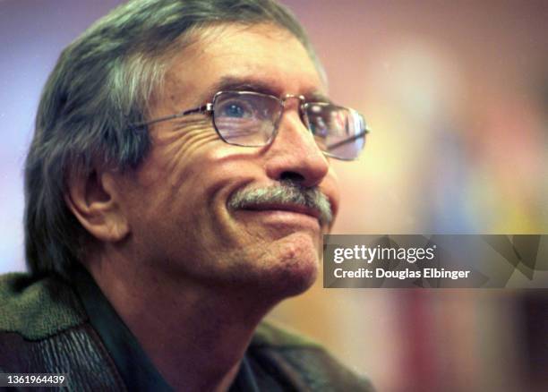 View of Pulitzer Prize winning American playwright Edward Albee during an event in the Michigan State University auditorium, East Lansing, Michigan,...