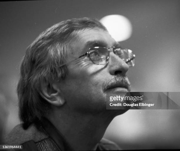 View of Pulitzer Prize winning American playwright Edward Albee during an event in the Michigan State University auditorium, East Lansing, Michigan,...