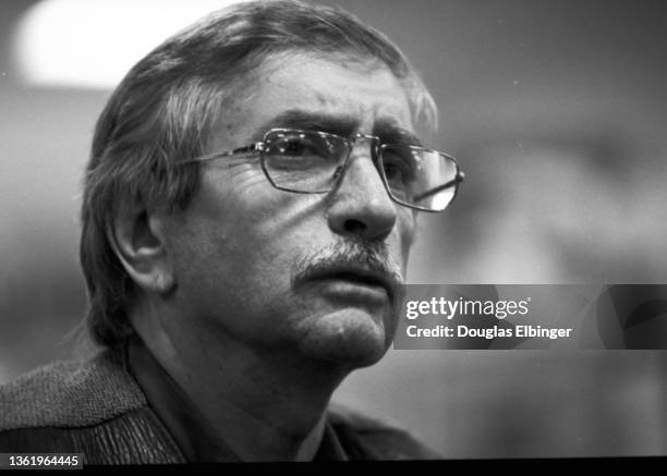 View of Pulitzer Prize winning American playwright Edward Albee during an event in the Michigan State University auditorium, East Lansing, Michigan,...