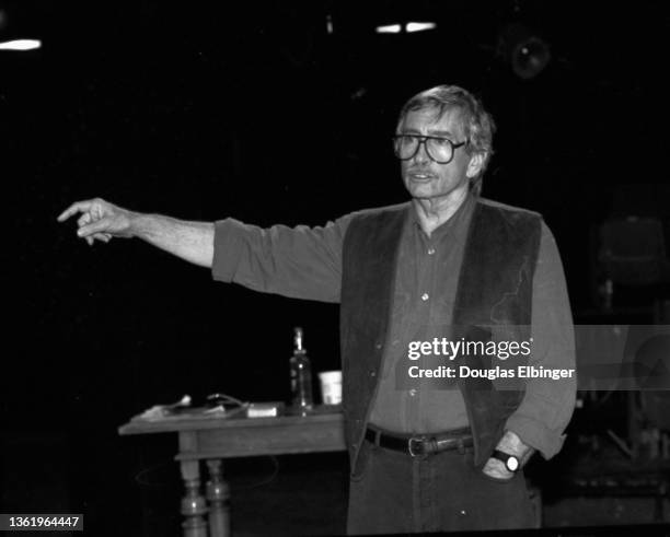 View of Pulitzer Prize winning American playwright Edward Albee during an event in the Michigan State University auditorium, East Lansing, Michigan,...