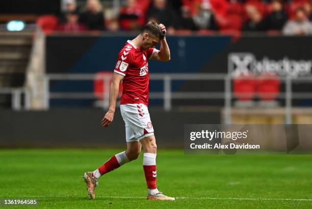 Andy King of Bristol City leaves the pitch after being shown a red card during the Sky Bet Championship match between Bristol City and Queens Park...