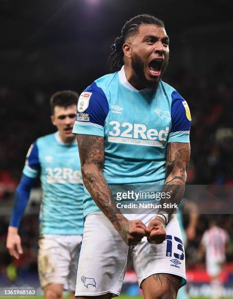 Colin Kazim-Richards of Derby County celebrates after scoring their sides second goal during the Sky Bet Championship match between Stoke City and...