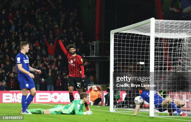 Philip Billing of AFC Bournemouth celebrates after Alex Smithies of Cardiff City scores an own goal during the Sky Bet Championship match between AFC...