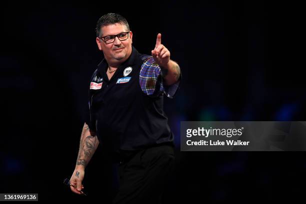 Gary Anderson of Scotland reacts to the win during his Fourth Round Match against Rob Cross of England during Day Thirteen of The William Hill World...