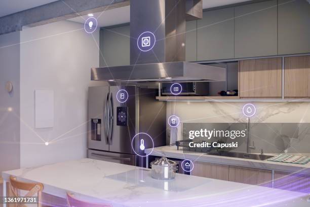 smart kitchen concept - kitchen fridge imagens e fotografias de stock