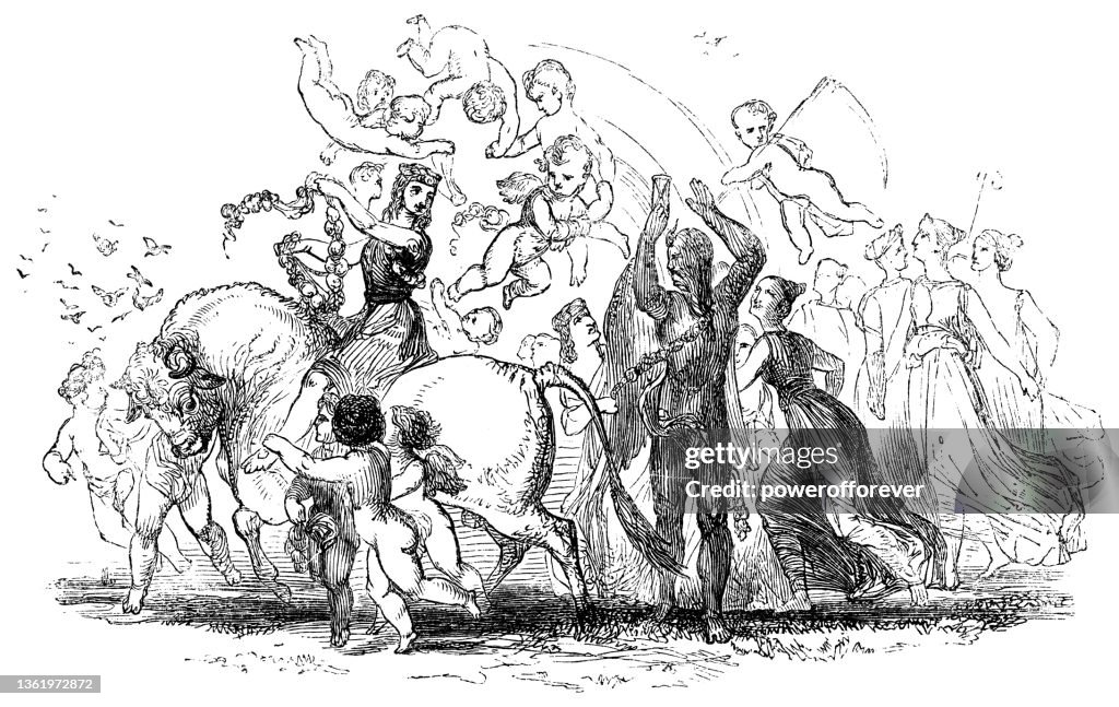 Group of People and Cherubs Celebrate Spring with Father Time - 19th Century