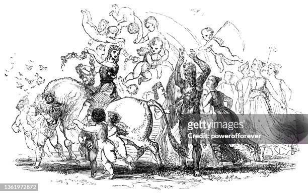 group of people and cherubs celebrate spring with father time - 19th century - first day of spring stock illustrations